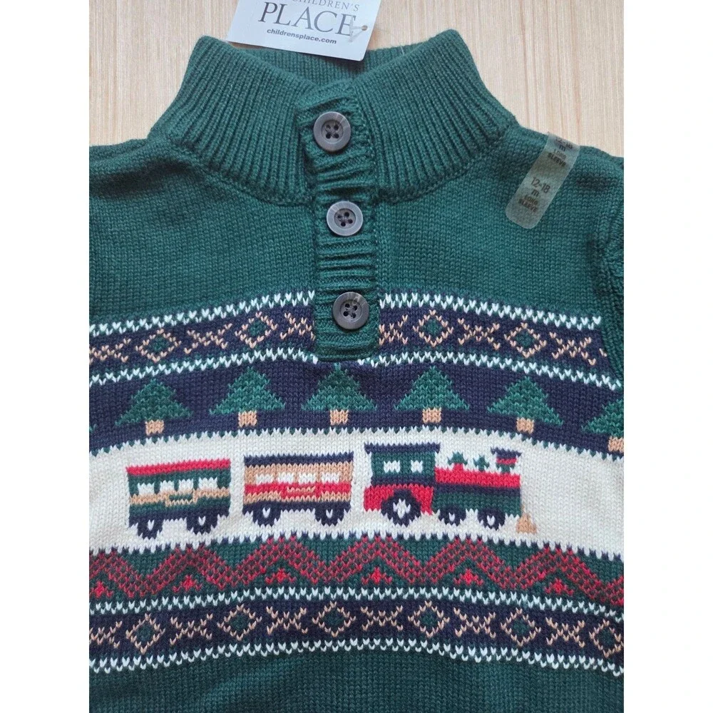 Children's Place Toddler Boys 12-18 Mos Train Fairisle Mock Neck Sweater Green